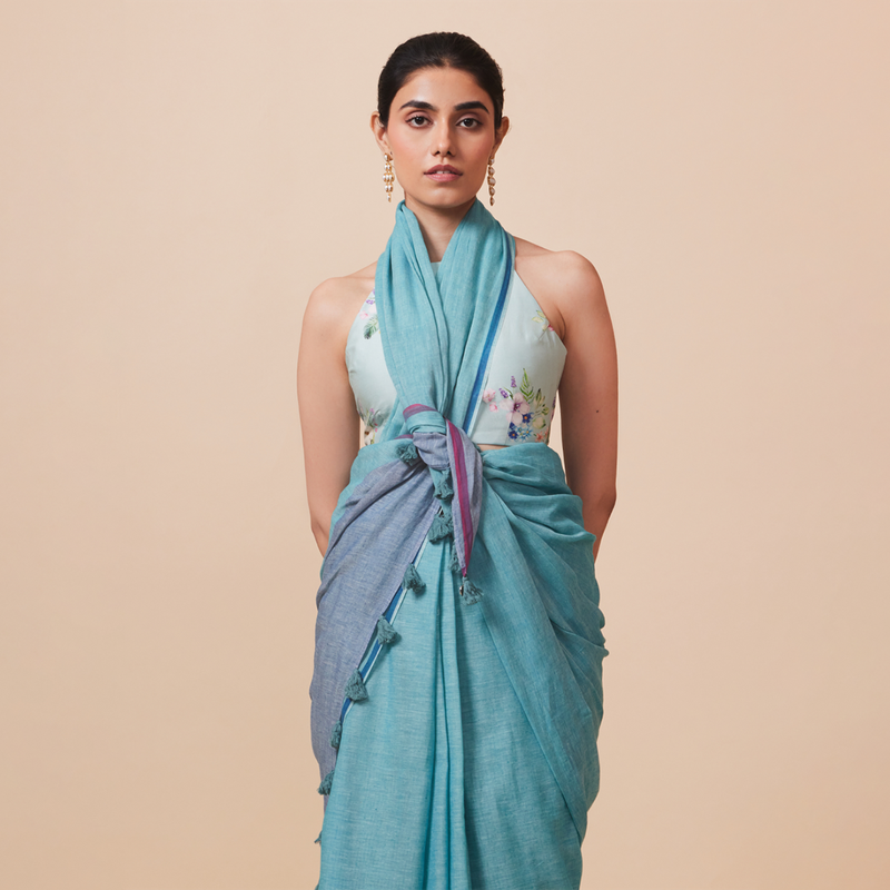 Cotton Printed Saree with Blouse | Aqua Blue、mySite、camillekostekn