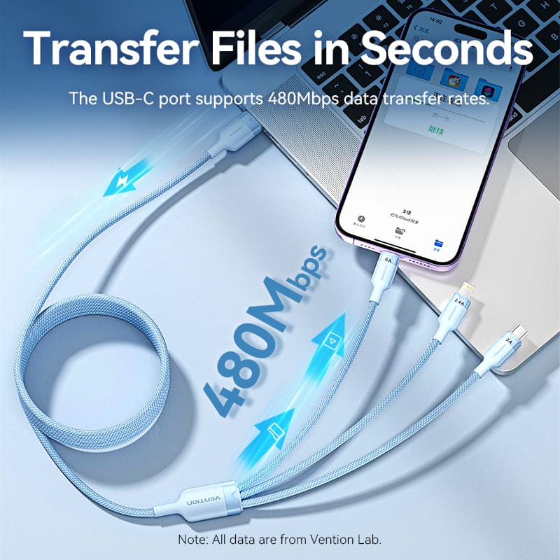 Vention USB 2.0 A Male to 3-in-1 USB-C & Lightning & Micro-B Male 6A Cable Aluminum Alloy Type、mySite、fannypackpong