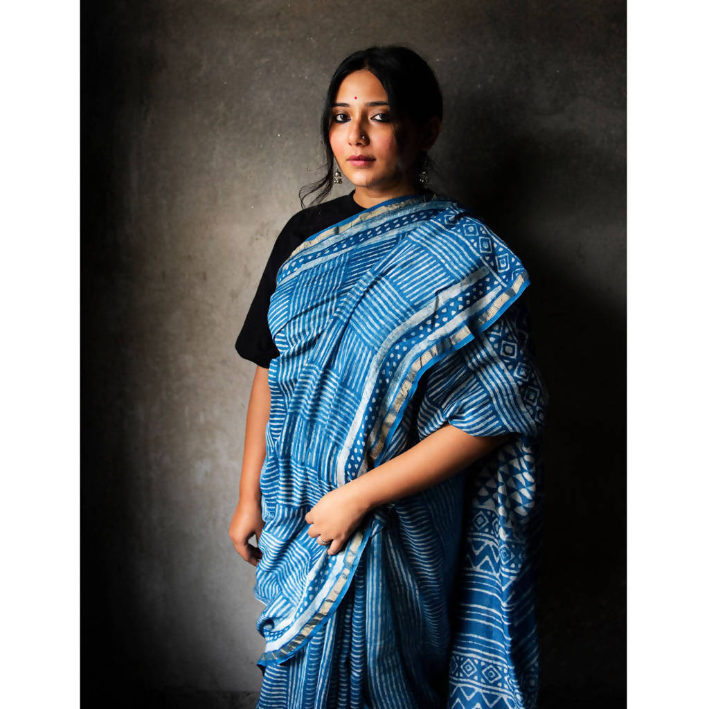 Festive Wear | Natural Dyed Blue Dabu Printed Chanderi Saree、mySite、camillekostekn
