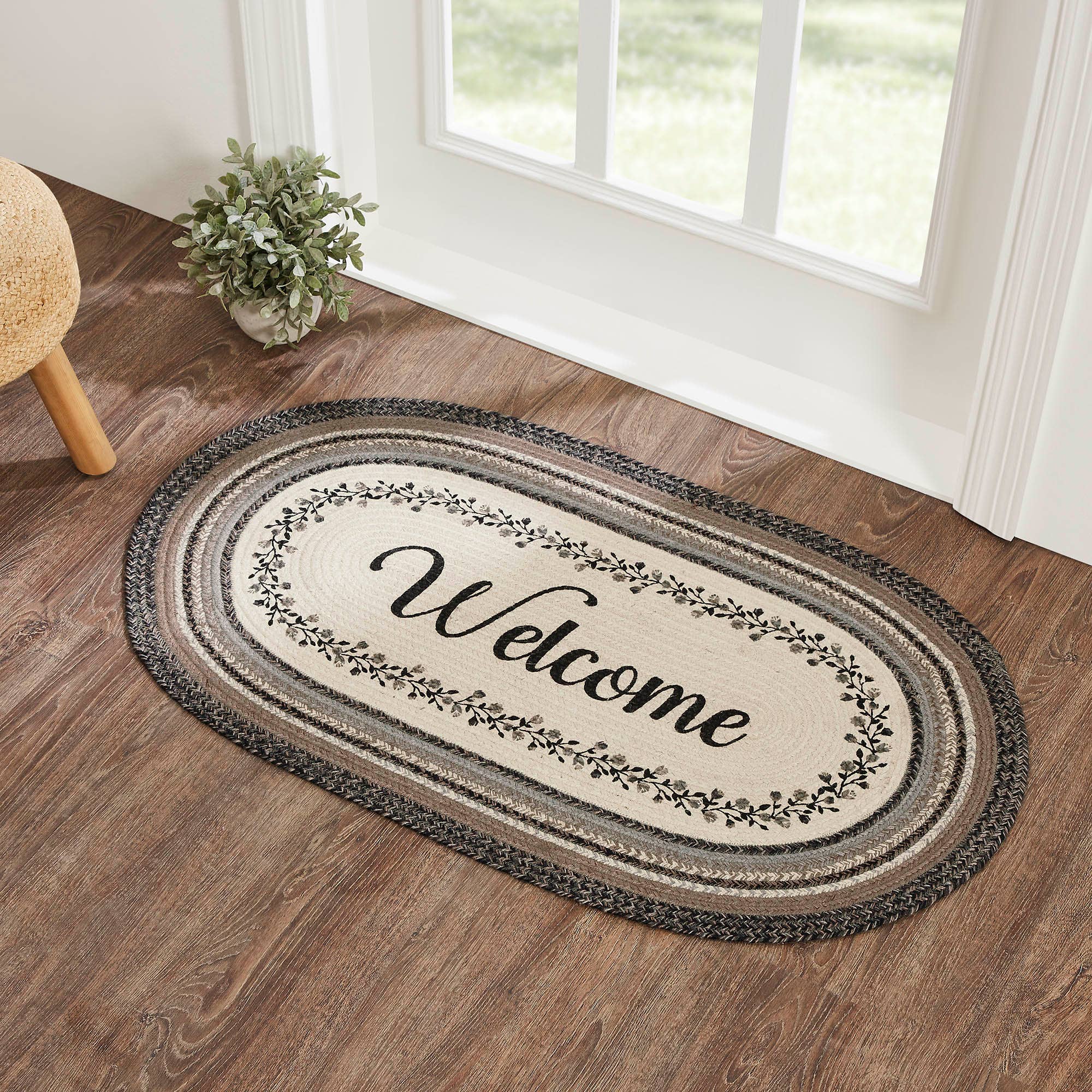 Welcome-Floral Vine Jute Oval Rug w/ Pad 27x48 Neutral Colors Elegant、mySite、g9winljtr