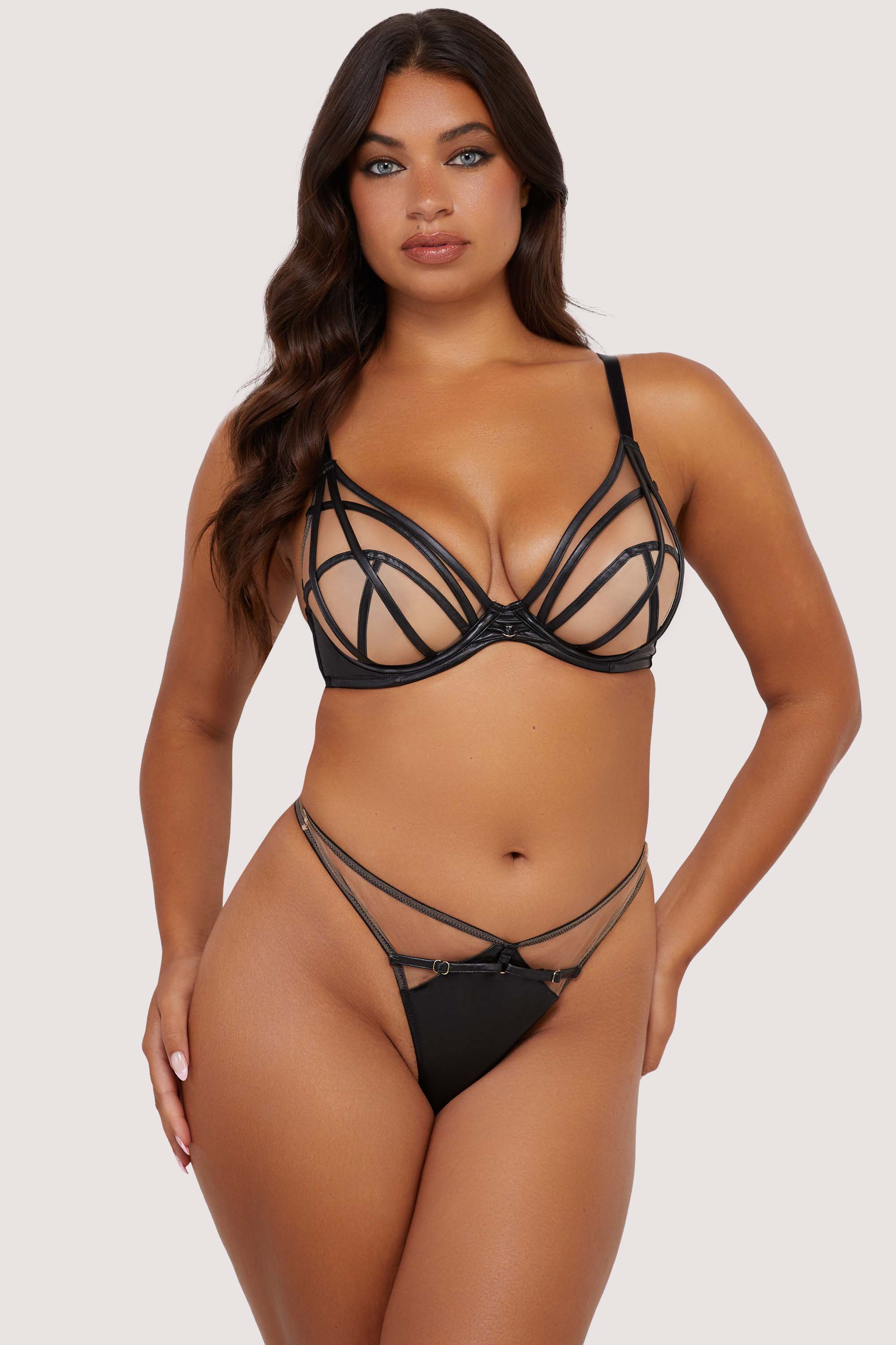 Ramona Black Leatherette Caged Open Back Thong、mySite、bengalsvssteelers