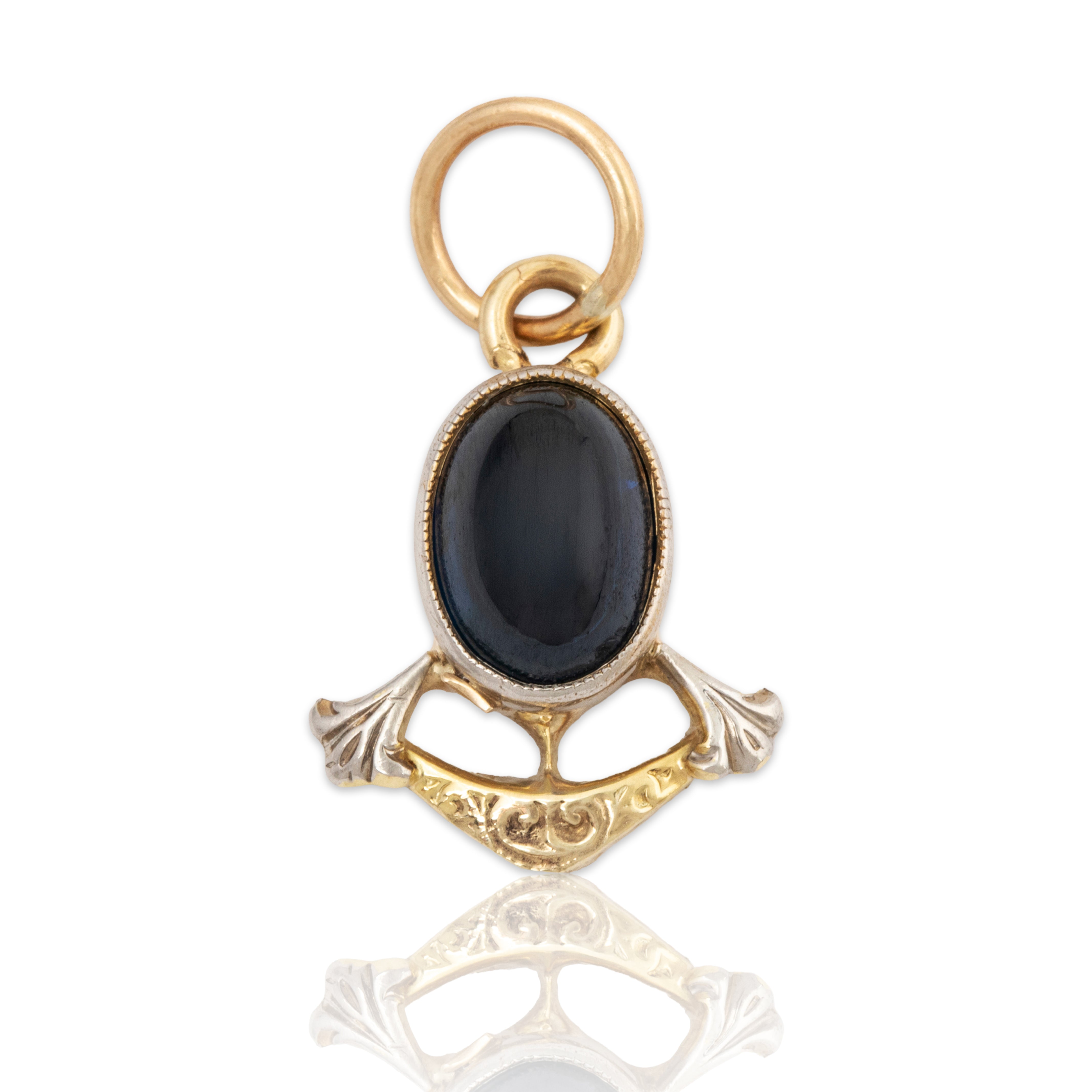 Antique 14k Yellow & White Gold Cabochon Synthetic Sapphire Deco Charm Pendant、mySite、hinf8tx79