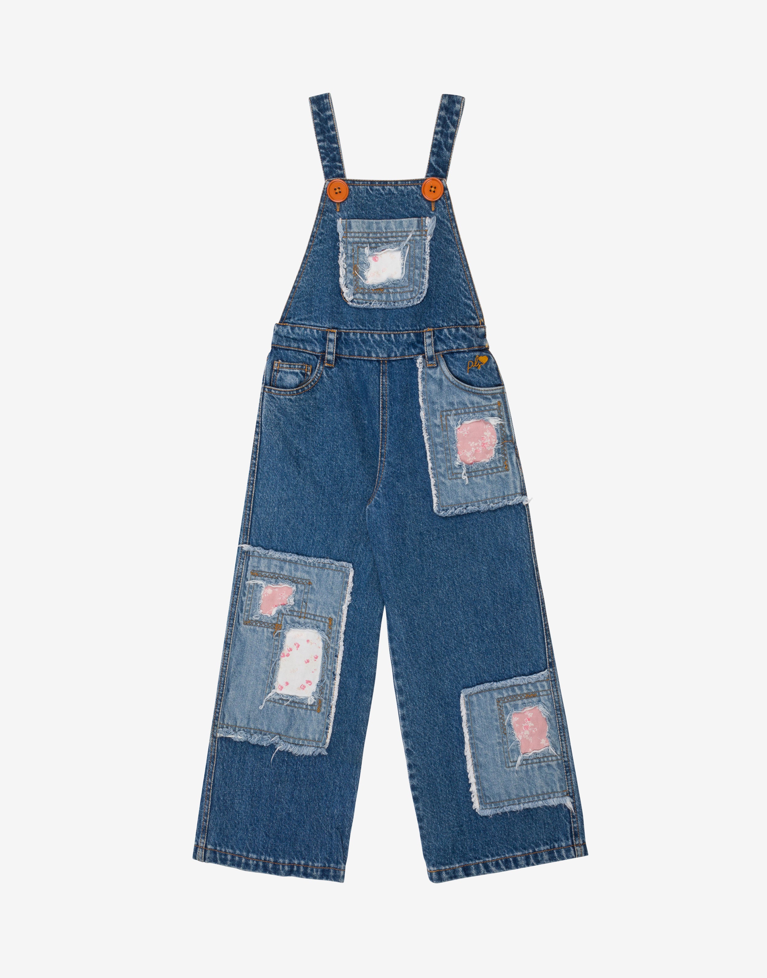 Kids salopette in denim con patch、mySite、aoinhome