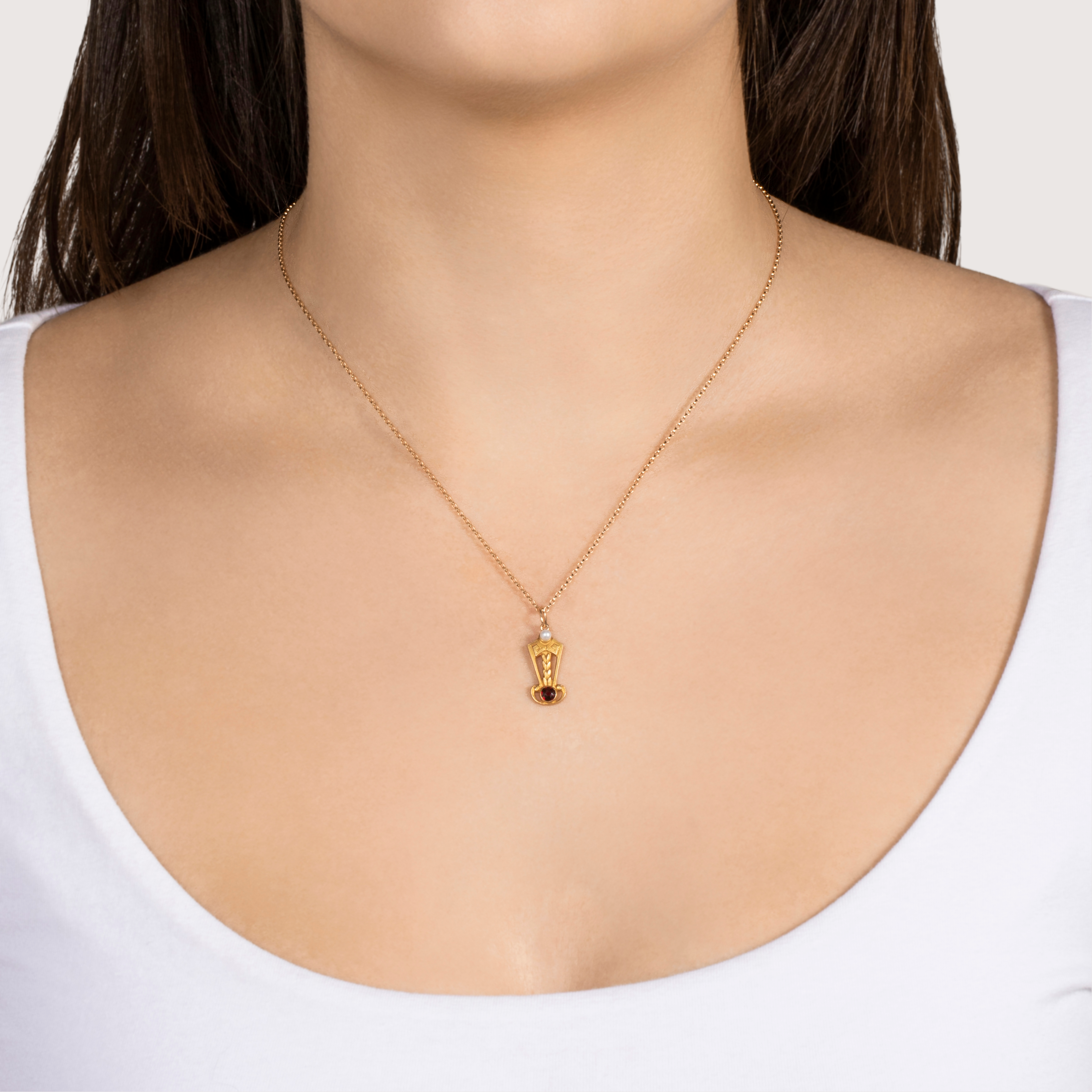 Antique Art Deco 14k Yellow Gold Garnet Pearl Leaf Engraving Charm / Pendant、mySite、hinf8tx79