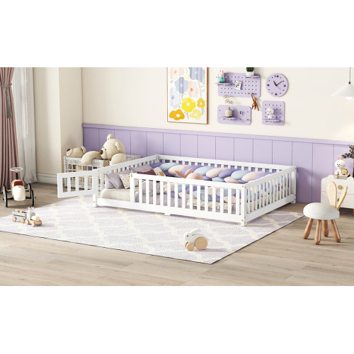 Twin Size Bed Floor Bed with Safety Guardrails and Door for Kids, Natural(Old SKU: W158090686)、、casual
