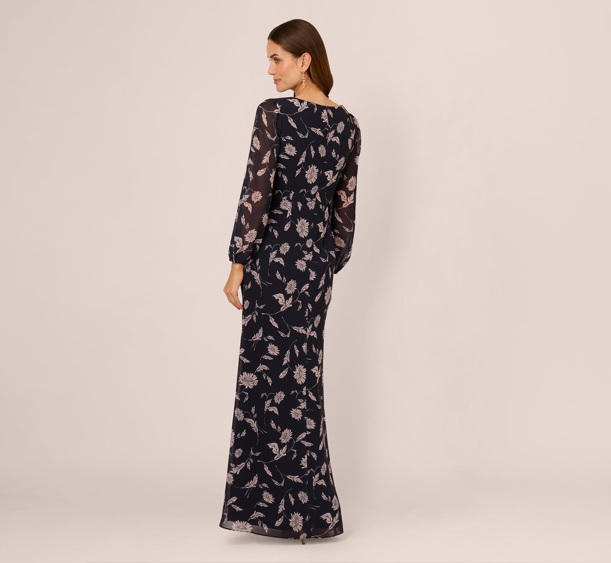 Long Sleeve Floral Chiffon Maxi Dress In Navy Blush、mySite、solidvoid