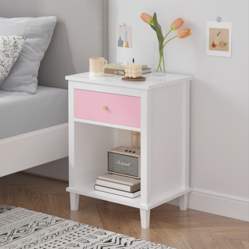 26.77''H Wooden Nightstand with One Drawer One Shelf for Kids, Adults, White+Golden handle、、casual