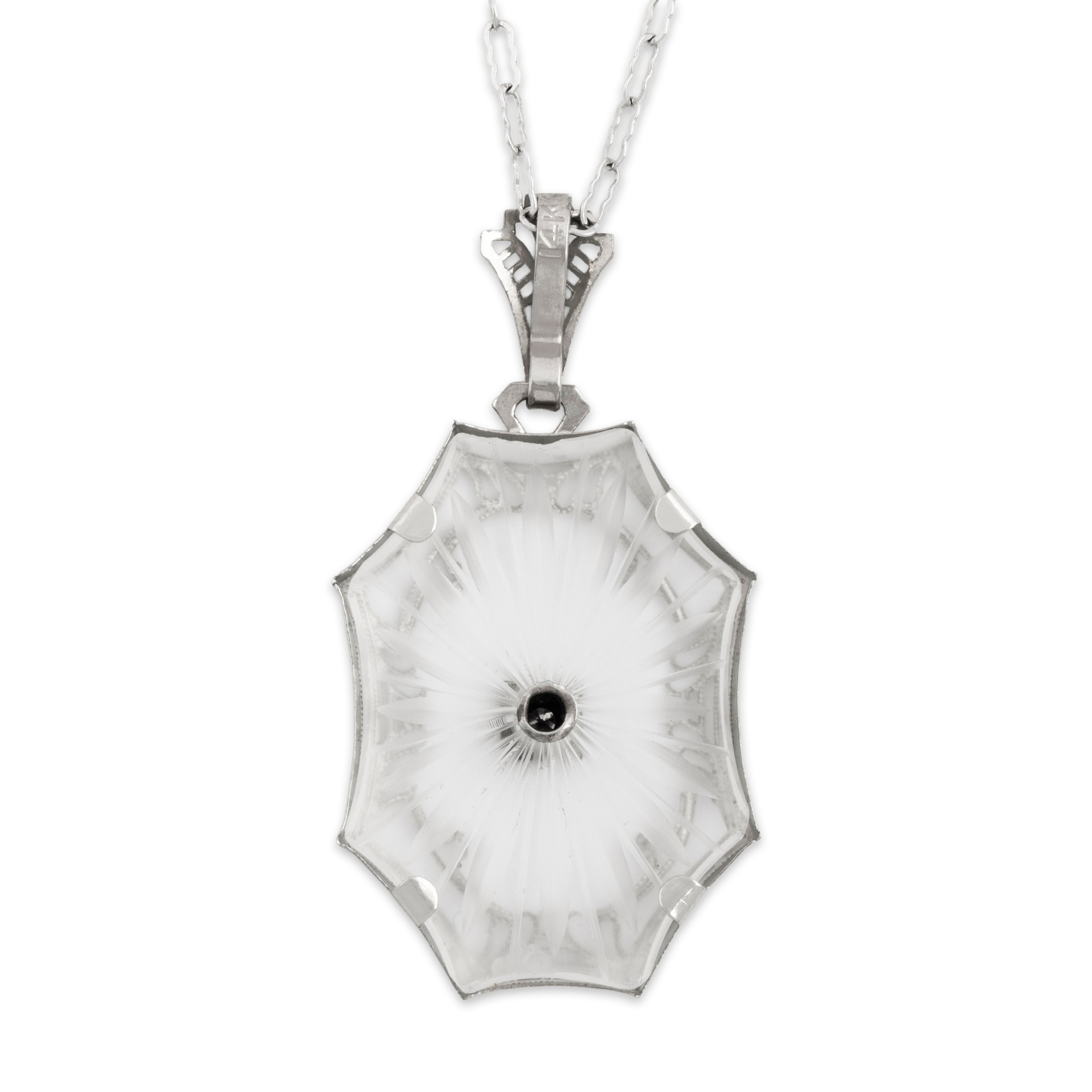 Antique Art Deco 14k White Gold Diamond Camphor Glass Geometric Necklace 16、mySite、hinf8tx79