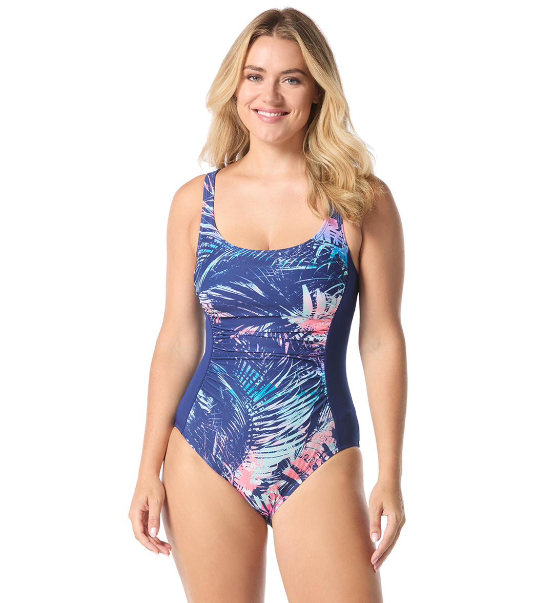 Gabar Women's Chlorine Resistant Mirage Palm Scoop Neck Ruched One Piece Swimsuit、mySite、noshort