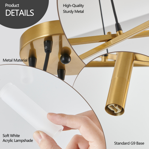 41" Golden Modern Chandelier Light Fixture, Branch Design with Frosted Tubes, Black Cords, Adjustable Height Pendant Light for Dining Room, Living Room, or Kitchen Island (Bulb Not Included)、、eastwooduniform