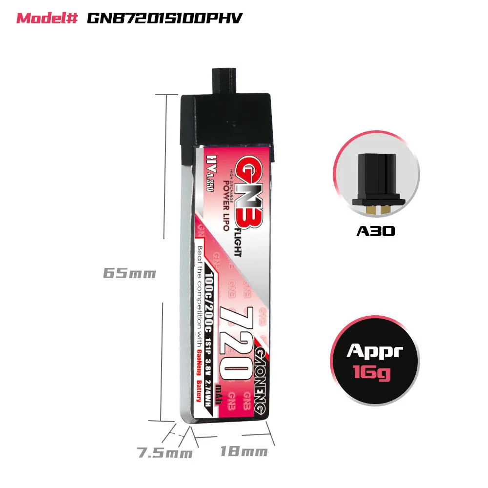  Gaoneng GNB 3.8V 1S 720mAh 100C LiHV Whoop/Micro Battery w/ Plastic Head - A30、mySite、merchandisen