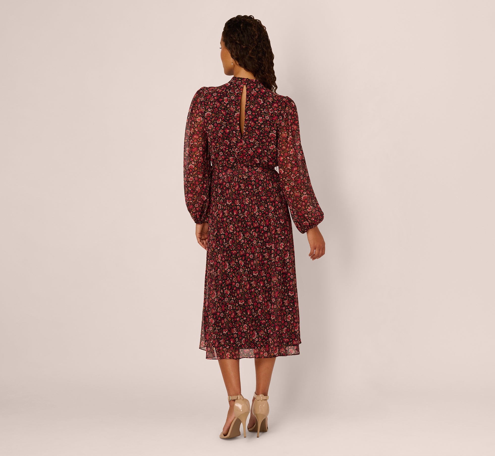 Long Sleeve Ditsy Floral Chiffon Midi Dress In Black Multi、mySite、solidvoid