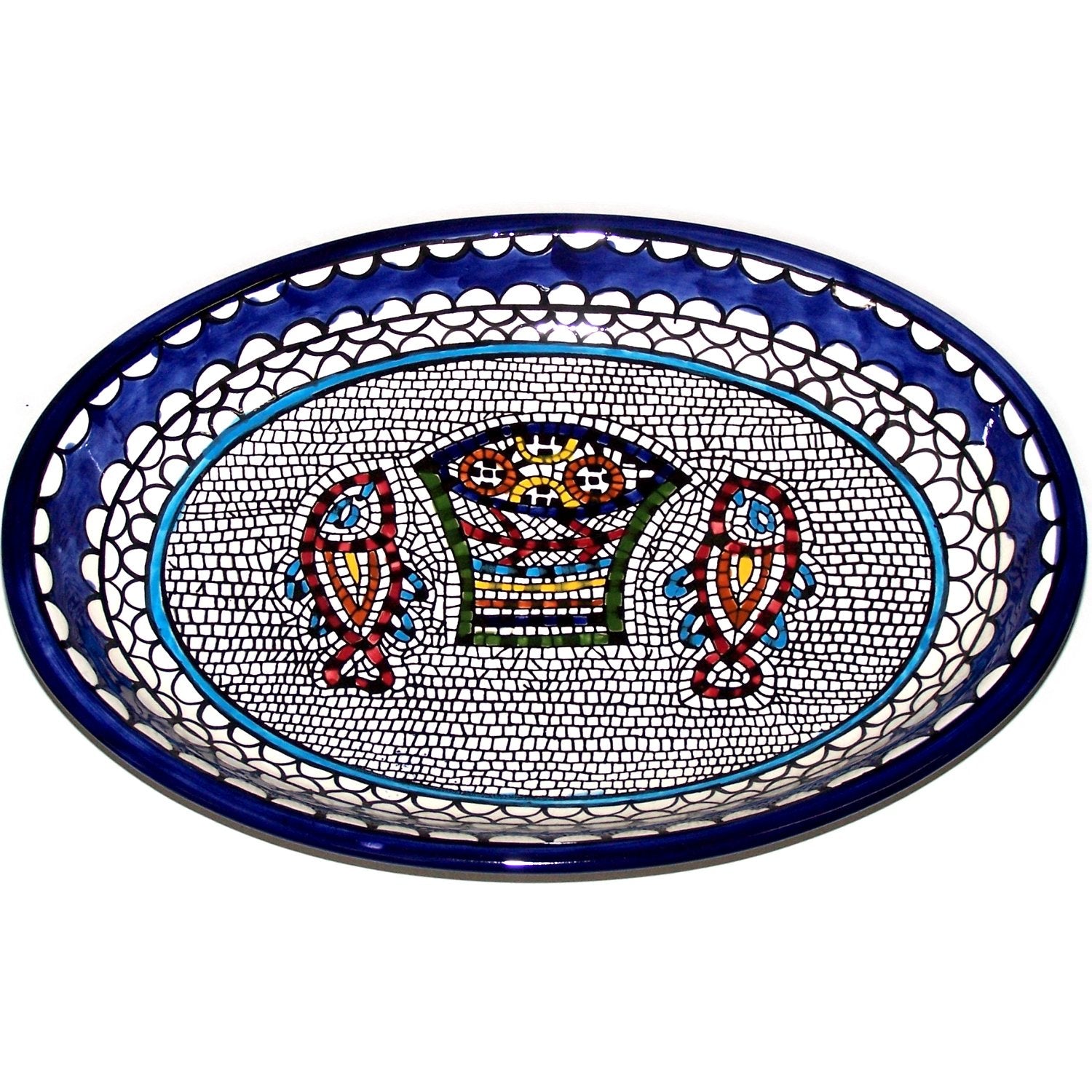  Armenian Hand Painted Fish and Bread Miracle Serving Oval Ceramic Bowl - Extra Large (15.5 Inch Long by 10.5 Inches Wide by 1.5 Inches deep) - Asfour Outlet Trademark、mySite、elrpsem3k