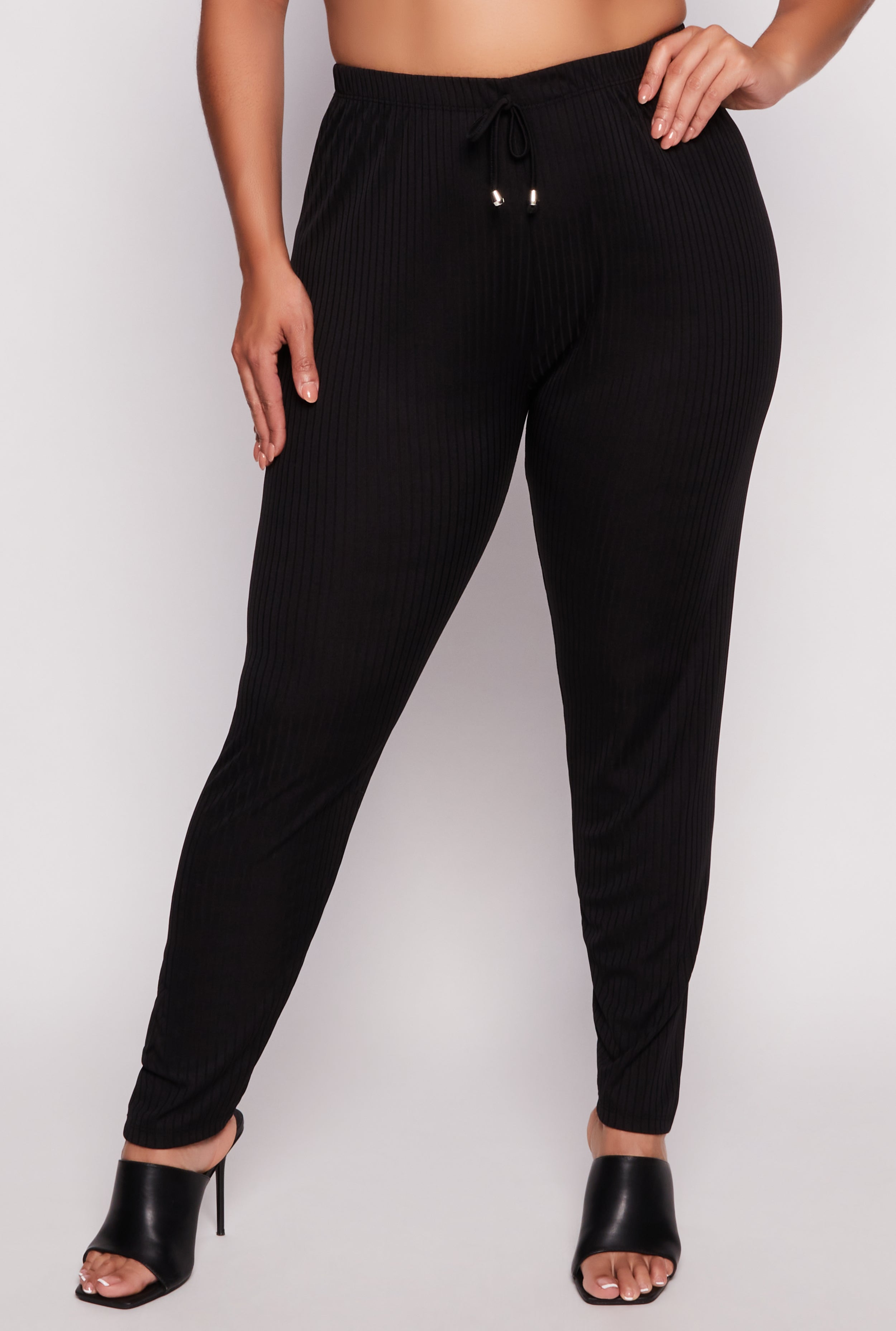 Plus Size Ribbed Drawstring Skinny Leg Pants、mySite、camillekostekn