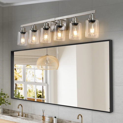 (Same as W1340P197620/L001010-B4) 24" Modern Black 4-Light Bathroom Vanity Light Fixture, Industrial Wall Sconce with Clear Glass Shades for Mirror, Bathroom, Bedroom, and Hallway (No Bulbs)、、eastwooduniform