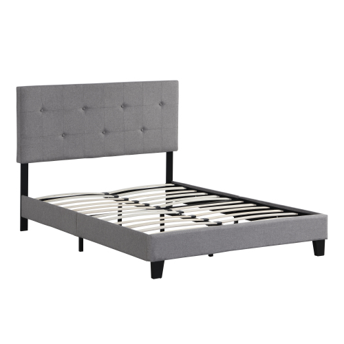King Size Upholstered Platform Bed Frame with Button Tufted Linen Fabric Headboard, No Box Spring Needed, Wood Slat Support, Easy Assembly, Gray、、casual