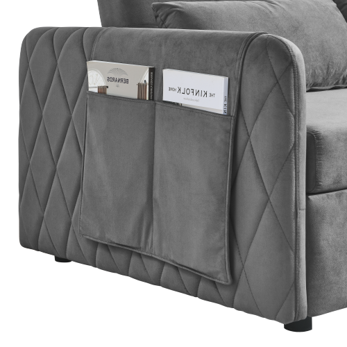 55" Modern Convertible Sofa Bed with 2 Detachable Arm Pockets, Velvet Loveseat Sofa with Pull Out Bed, 2 Pillows and Living Room Adjustable Backrest, Grid Design Armrests、、casual
