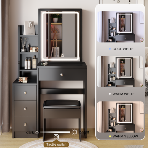 29.2" Small Size Left Bedside Cabinet Vanity Table + Cushioned Stool, Large Sliding, Touch Control, Tri-color Switching, Brightness Adjust LED Mirror, High Capacity Storage, Suitable for Small Space、、xpatfood