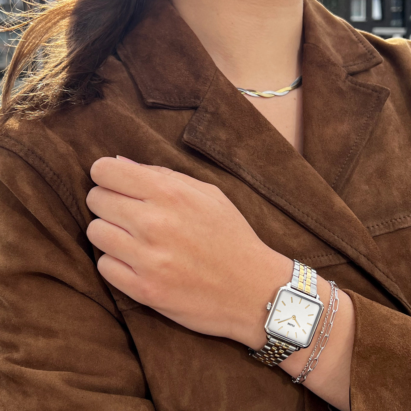  Gift Box La Tétragone Watch Steel, Two-Tone & Double Chain Bracelet, Silver Colour