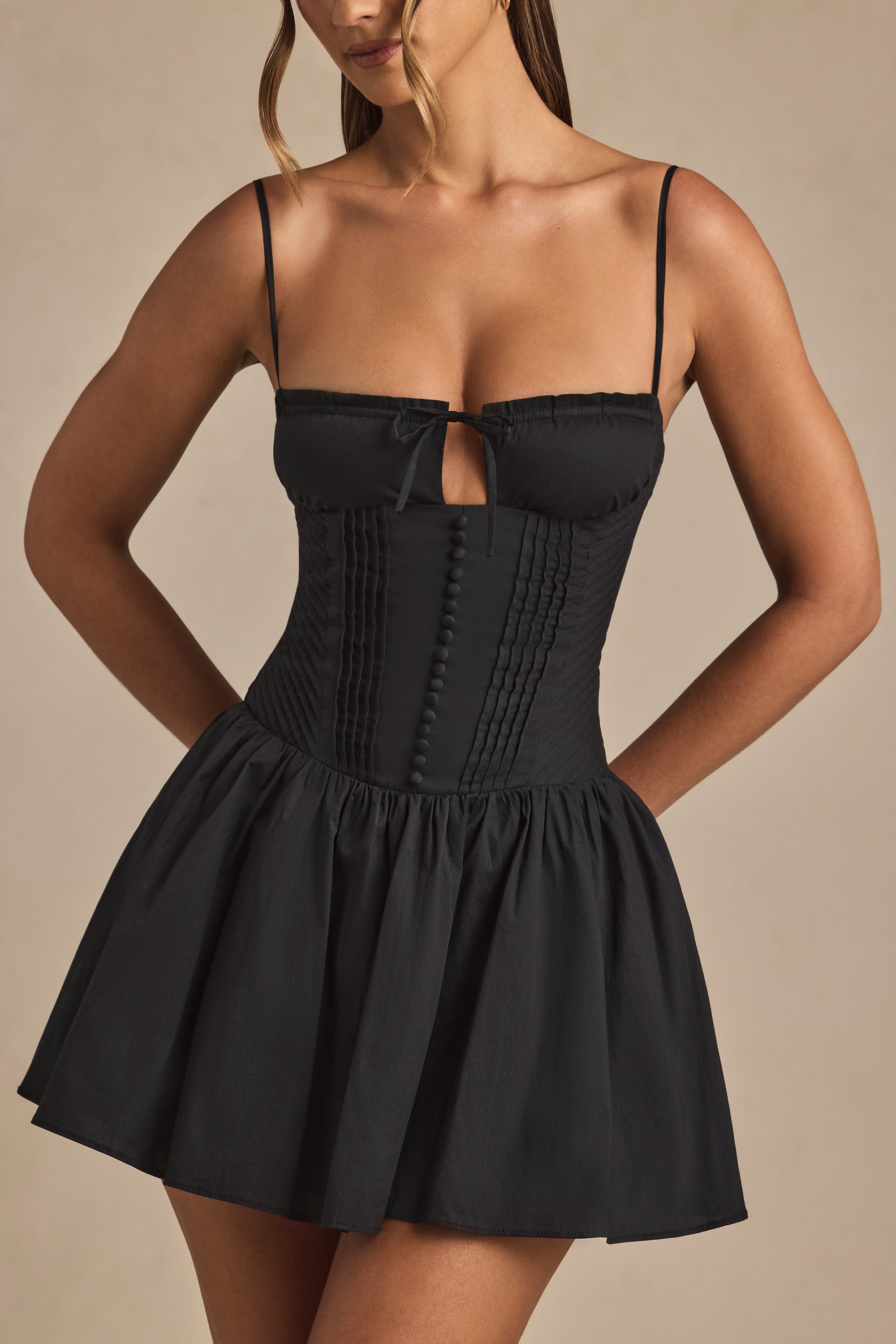 Pintucked Shirred Mini Dress in Black、mySite、solidvoid