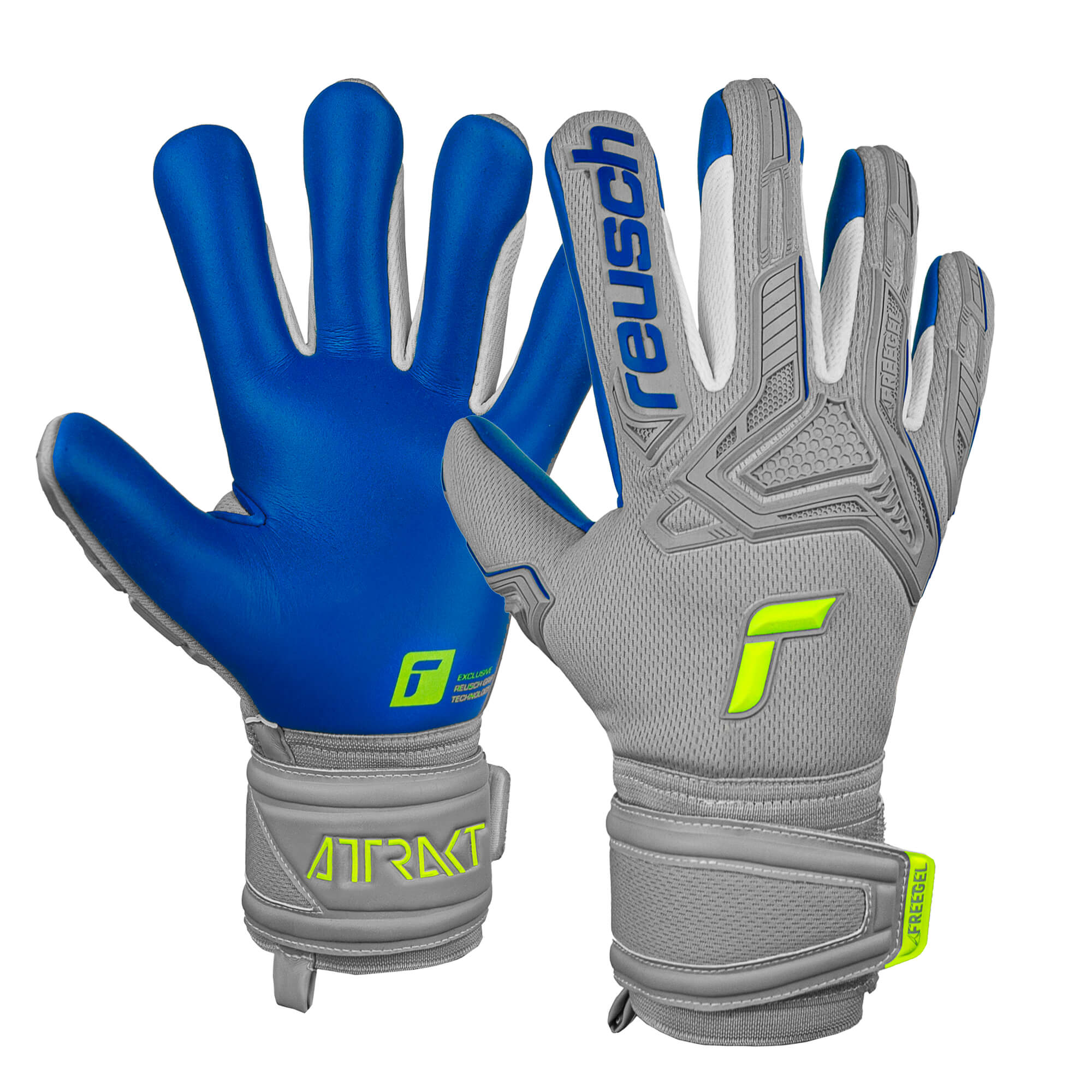 Reusch Men's Goalkeeper Attrakt Freegel Silver Fingersave Goalkeeper Gloves Gray/Yellow、mySite、noshort