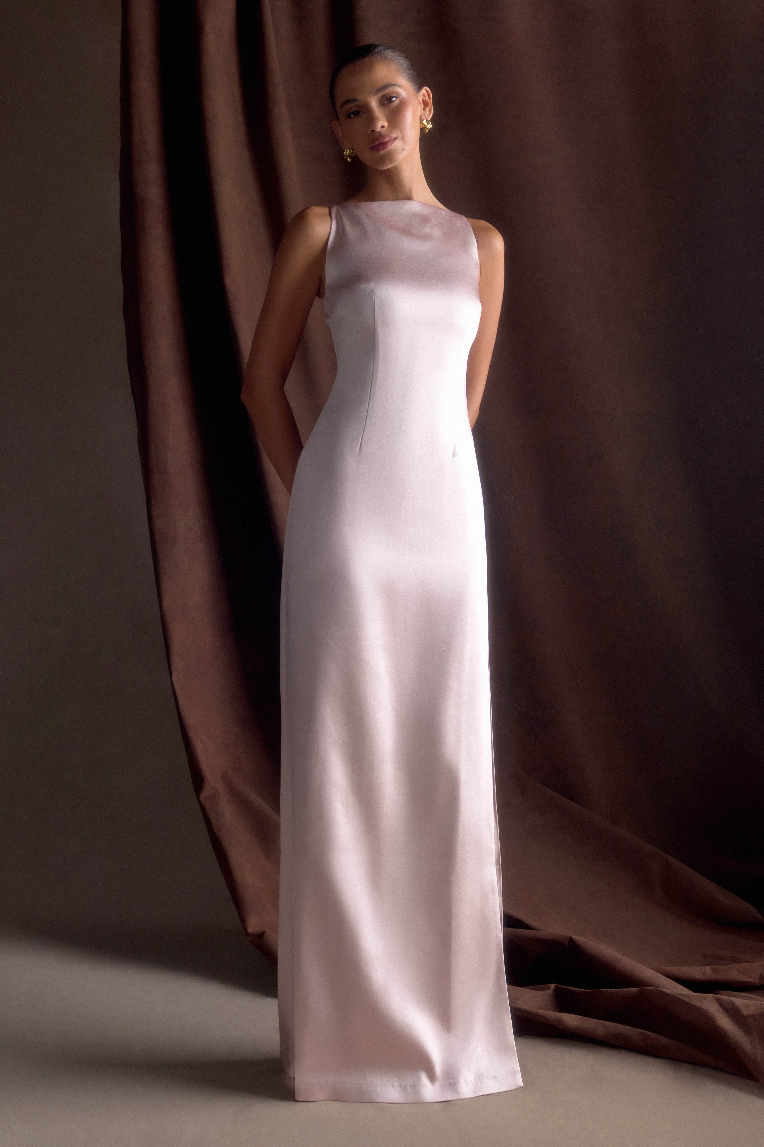 Violet Sleeveless Satin Maxi Dress - Soft Pink、mySite、solidvoid