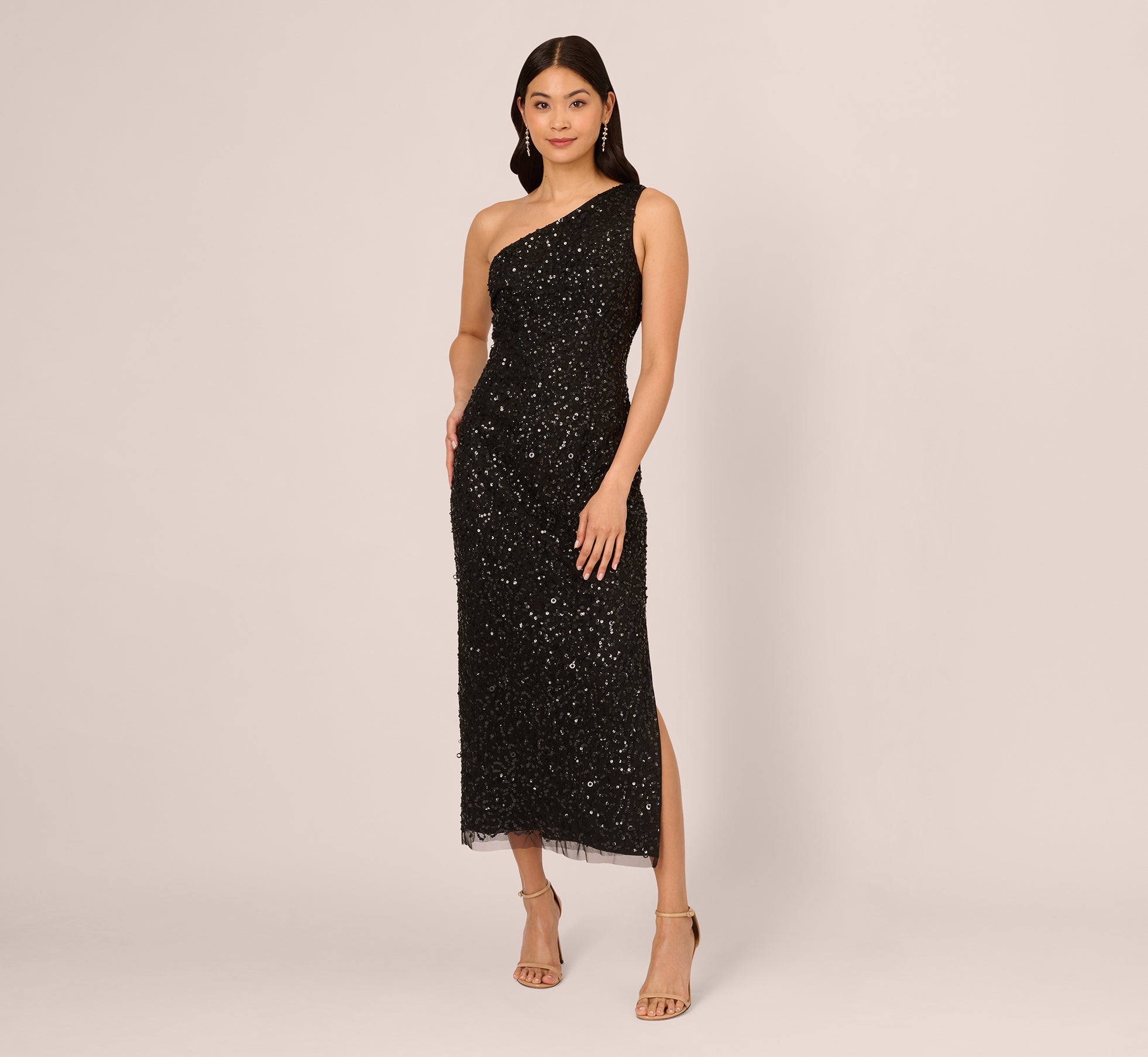 One Shoulder Sequin Beaded Ankle Length Dress In Black、mySite、solidvoid