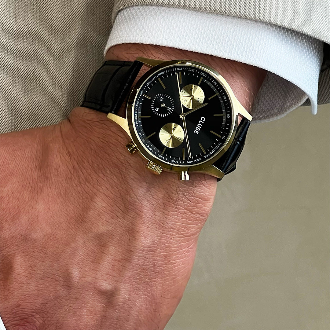 Anthéor Multifunction Watch Leather, Full Black, Gold Colour、mySite、botmansion