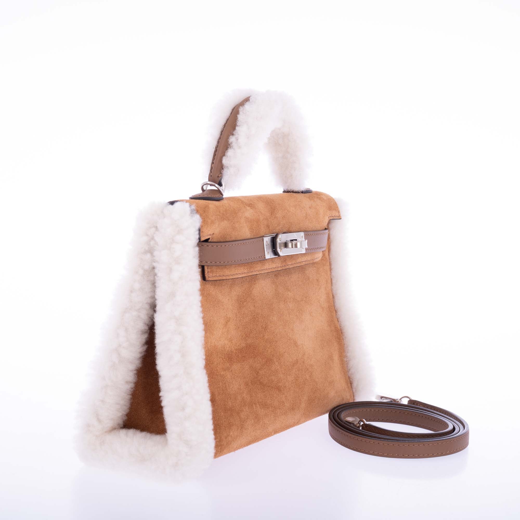Hermès Teddy Mini Kelly 20 Chamois Grizzly, Alezan Swift and Ecru Mouton Shearling Palladium、mySite、garminoutage.com