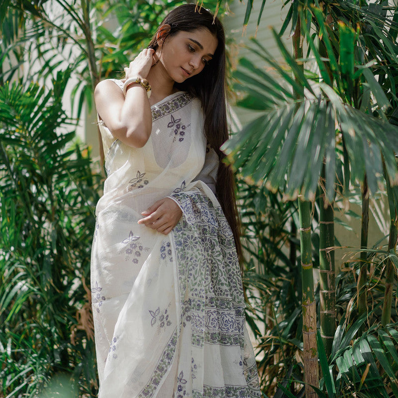 Kota Doria Sanganeri Print Saree | White、mySite、camillekostekn