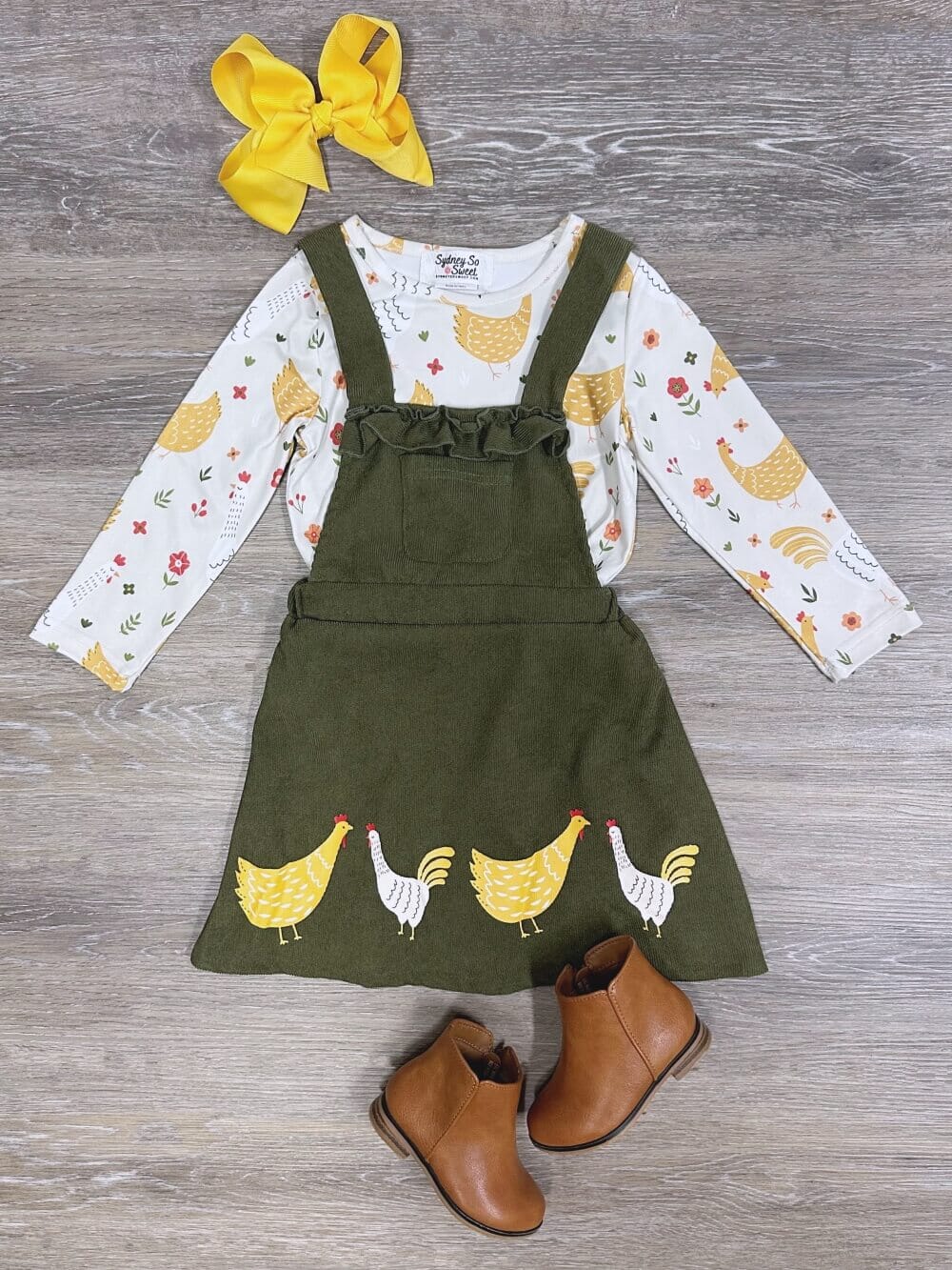 Chicken Chicken Olive Corduroy Girls Jumper Dress Set、mySite、camillekostekn