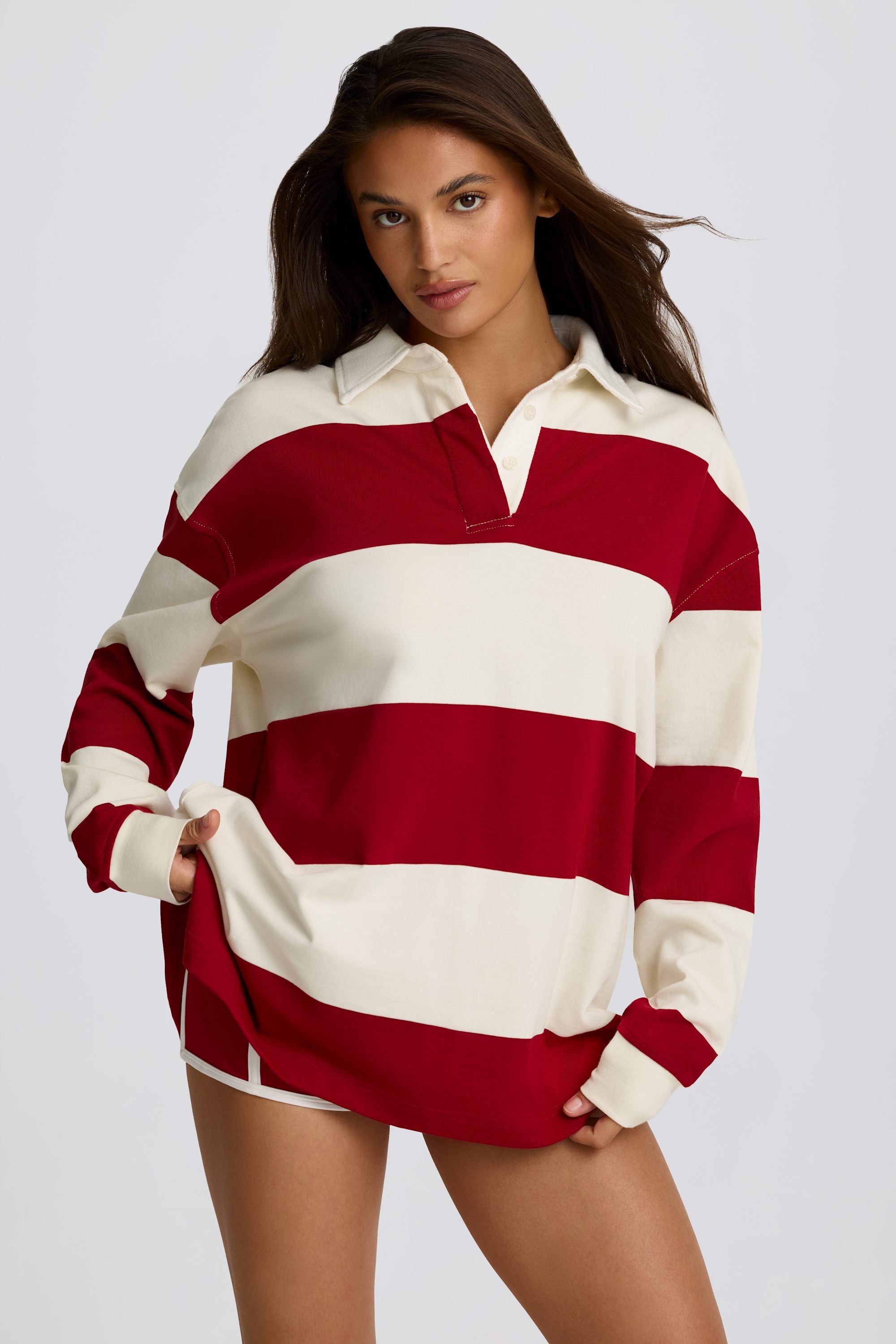  Striped Oversized Long-Sleeve T-Shirt in Dark Red、mySite、sugarbowlscore