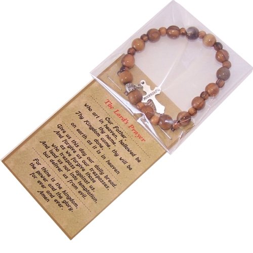 Elastic Olive wood religious bracelet with Silver tone Crucifix packed as a gift with special Certificate of Authenticity and origin and a FREE Lord's Prayer gift card、mySite、topwebapps