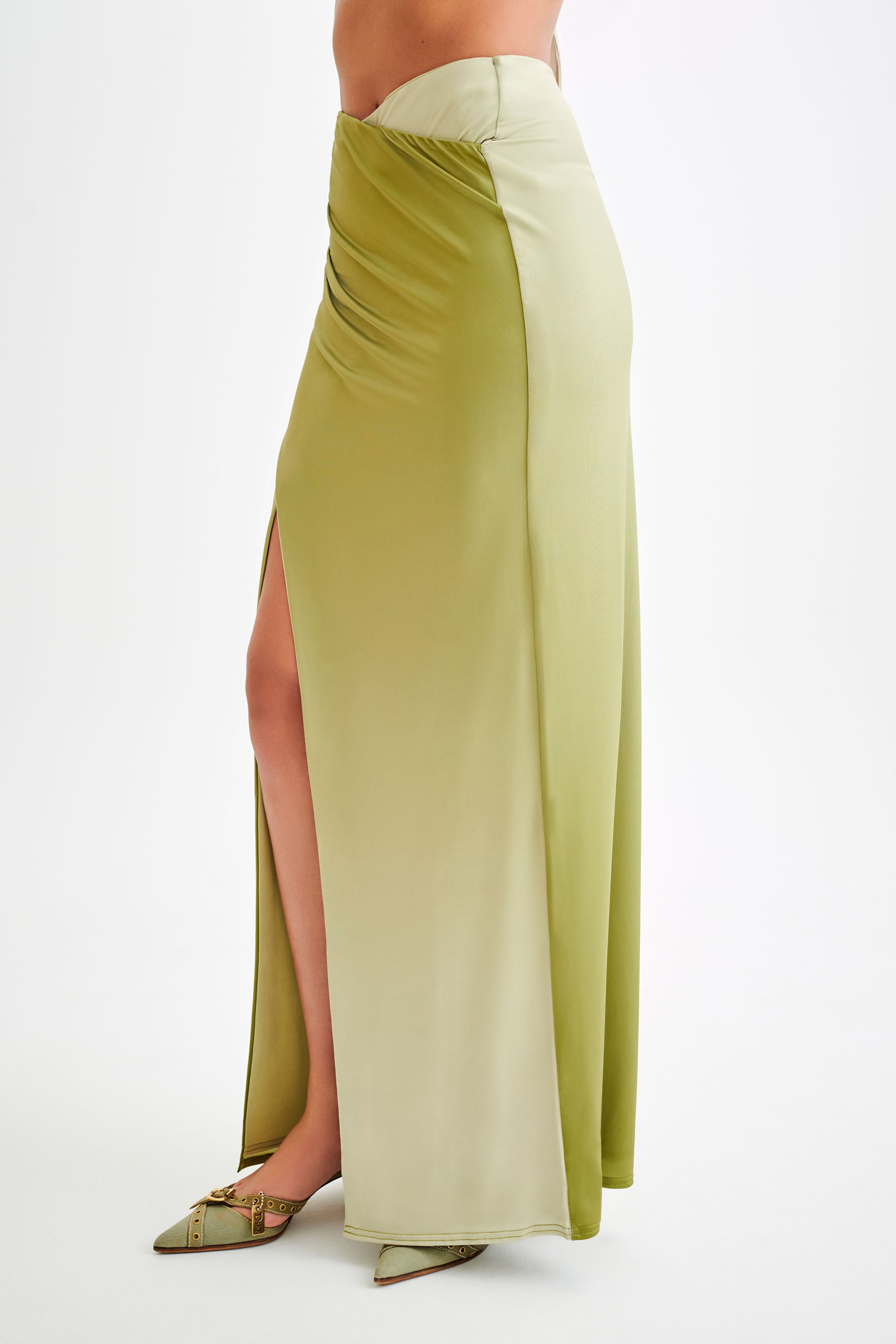 Bronwyn Slinky Ruched Maxi Skirt With Split - Ombre Vintage Olive、mySite、solidvoid