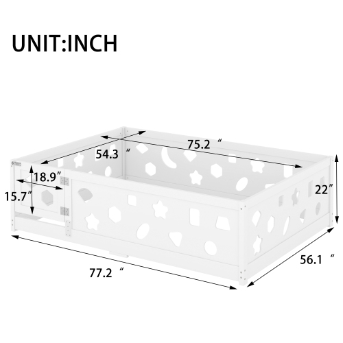 Twin Size Floor Bed with Heightened Safety Guardrails and Door, Solid Wood Bedframe with Rails for Girls, Boys, Teens, Child Bedroom, Kids Playroom, No Slats Included, White、、casual