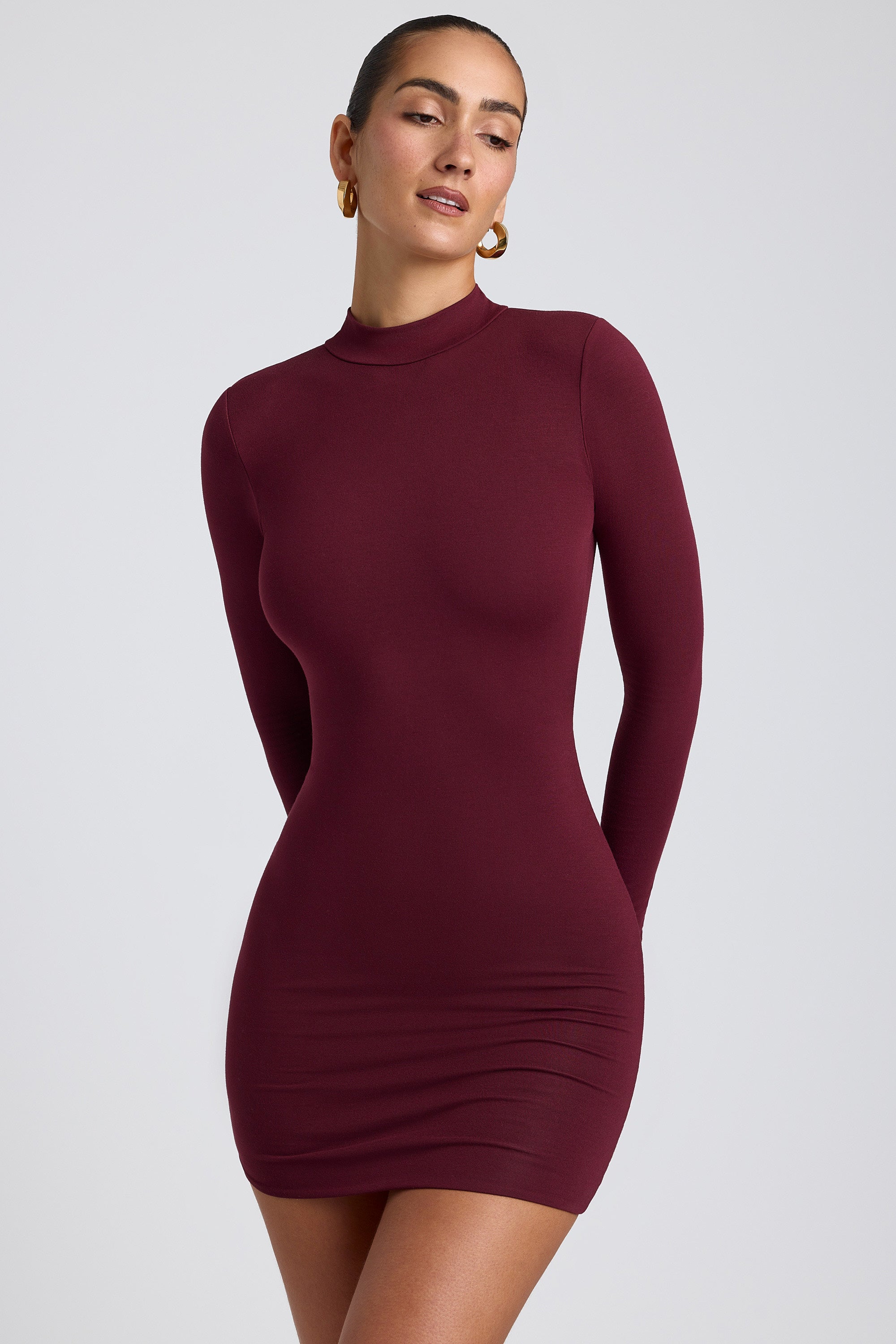Modal Open-Back Long-Sleeve Mini Dress in Plum、mySite、solidvoid