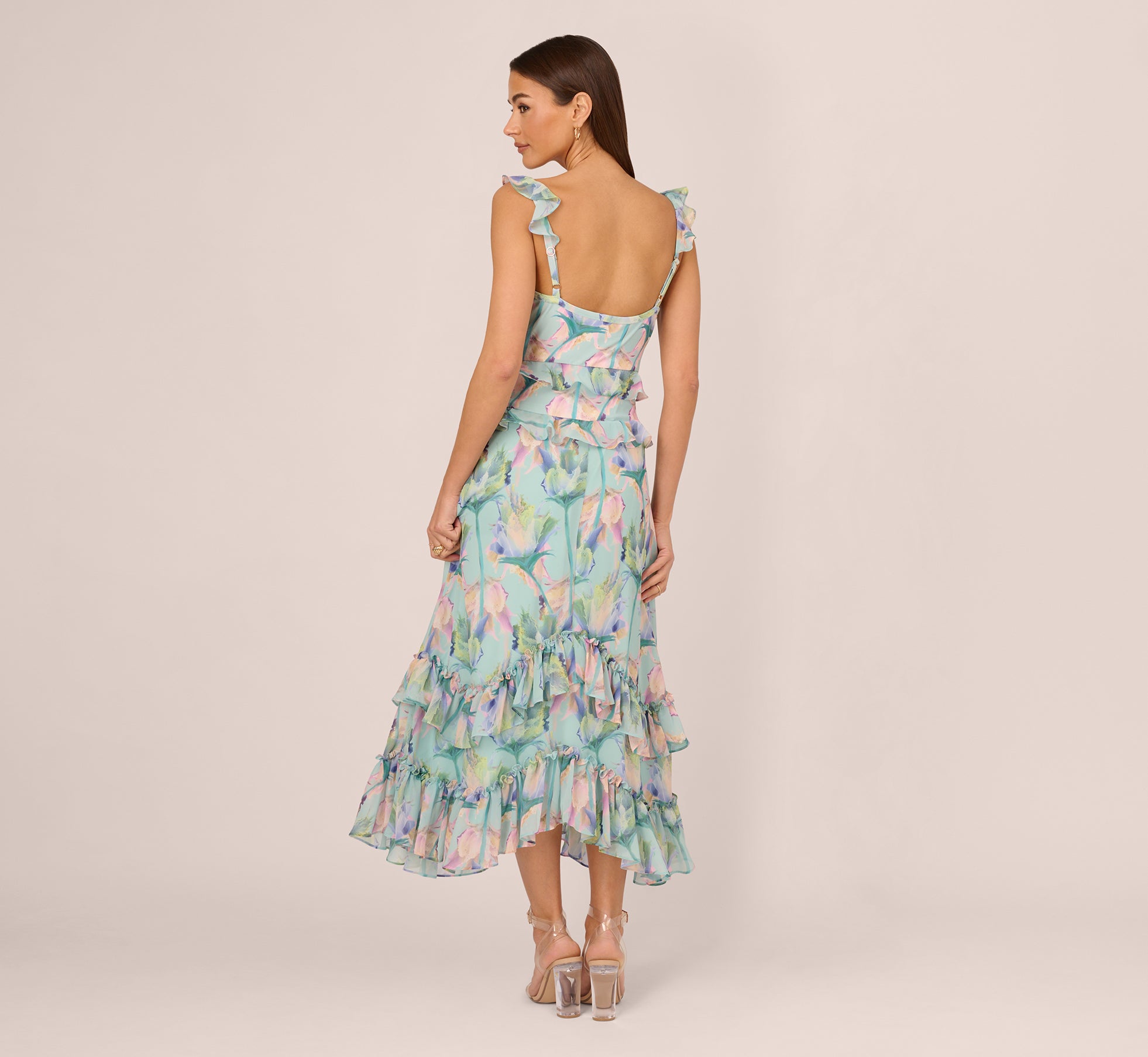 Sleeveless Floral Print High Low Maxi Dress With Ruffle Trim In Mint Multi、mySite、solidvoid