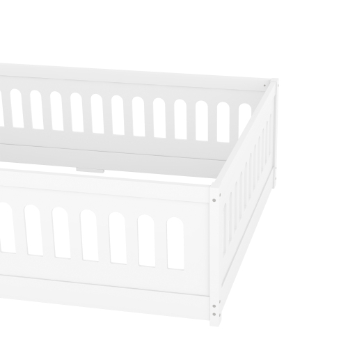 Twin Size Floor Bed with Heightened Safety Guardrails and Door, Solid Wood Bedframe with Rails for Girls, Boys, Teens, Child Bedroom, Kids Playroom, No Slats Included, White、、casual