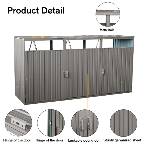 Garbage Bin Shed Stores 3 Trash Cans Metal Outdoor Bin Shed for Garbage Storage,Stainless Galvanized Steel, Bin Shed for Garden Yard Lawn,Grey、、eastwooduniform