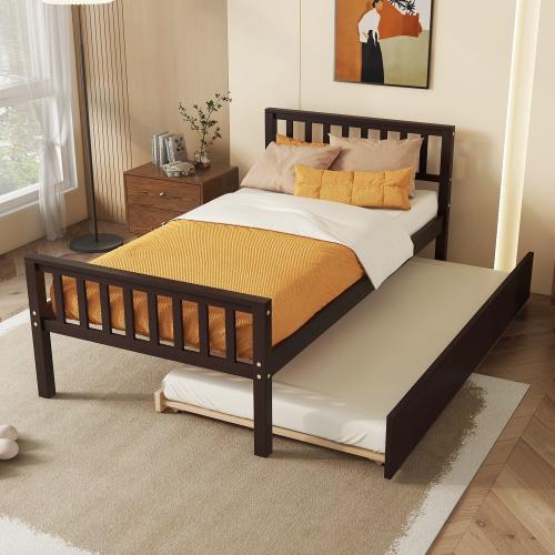 Twin Bed with Trundle, Platform Bed Frame with Headboard and Footboard, for Bedroom Small Living Space,No Box Spring Needed,Grey(New SKU:W504P148530)、、casual