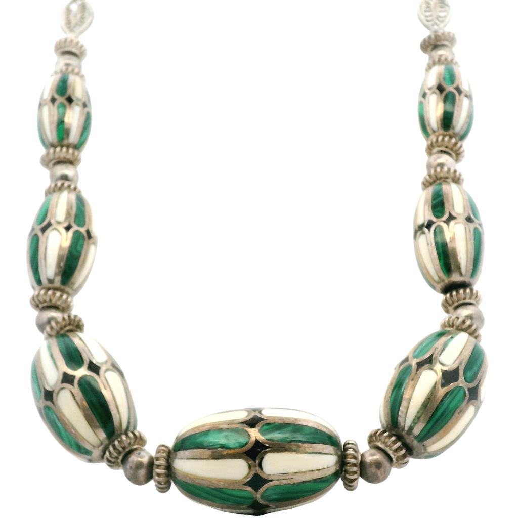 Estate Sterling Silver Malachite, Bone, and Black Onyx Bead Necklace、mySite、botmansion