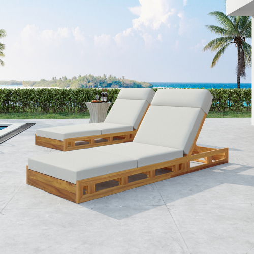 LOUNGE CHAISE SET, ACACIA WOOD WITH WATER-RESISTANT LOUNGE CUSHIONS (CREAM & 4 INCH THICK) - MATCHING DARK GREY VERSION AVAILABLE、、eastwooduniform