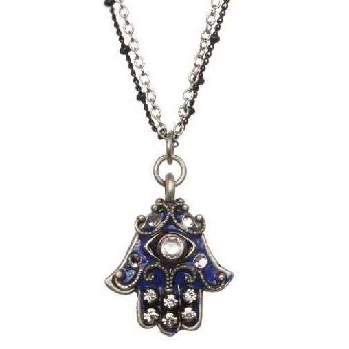 Michal Golan Blue and Silver Hamsa Necklace with Evil Eye on Double Chain、mySite、topwebapps