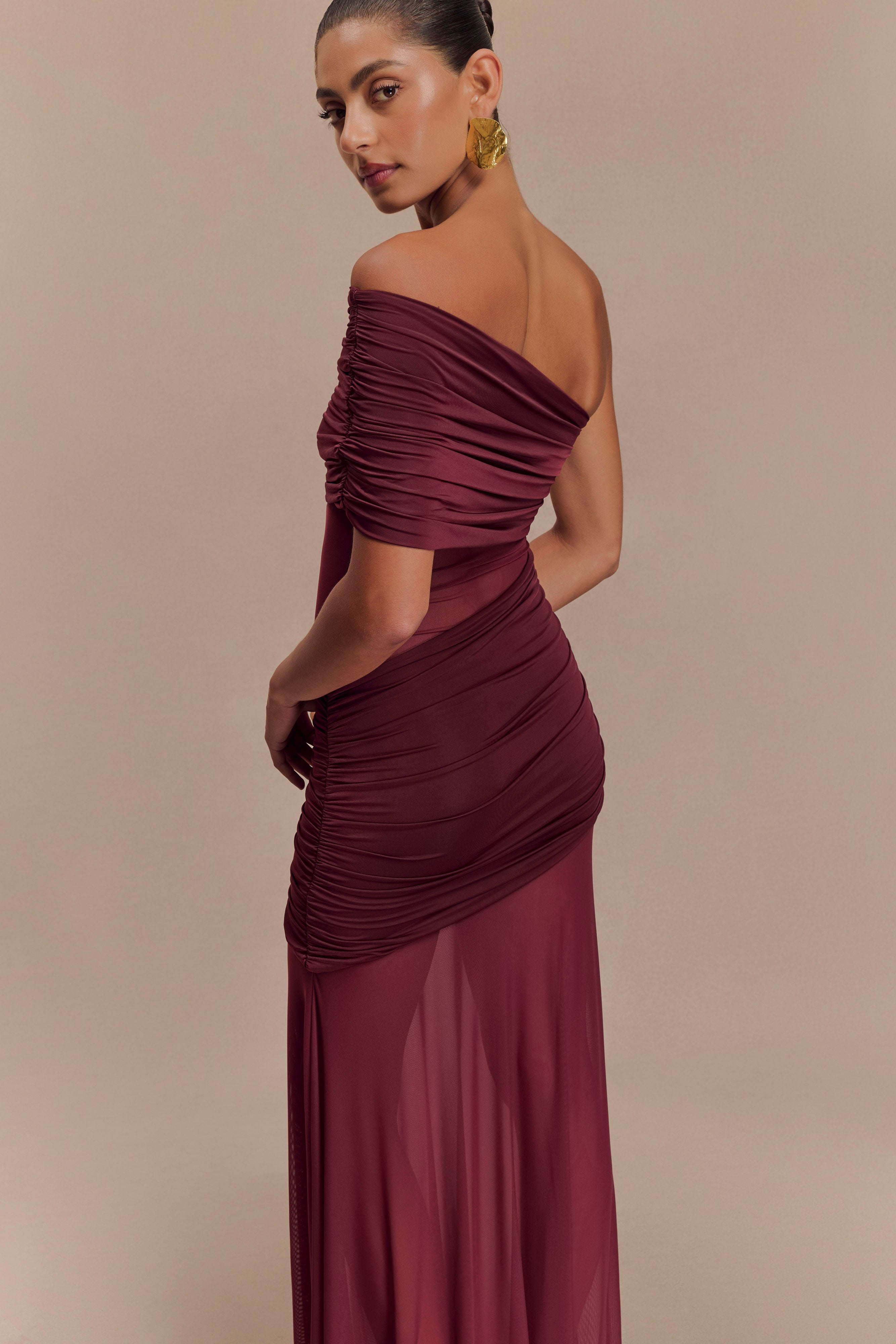 Dallas One Shoulder Mesh Maxi Dress - Burgundy、mySite、solidvoid