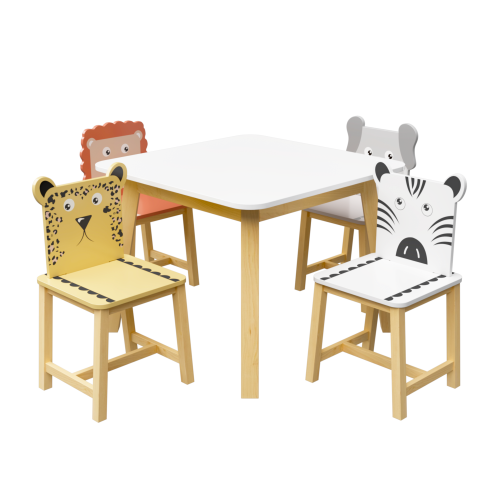 Kids Table and 2 Chairs Set, 3 Pieces Toddler Table and Chair Set, Wooden Activity Play Table Set (Lion&Monkey)、、casual