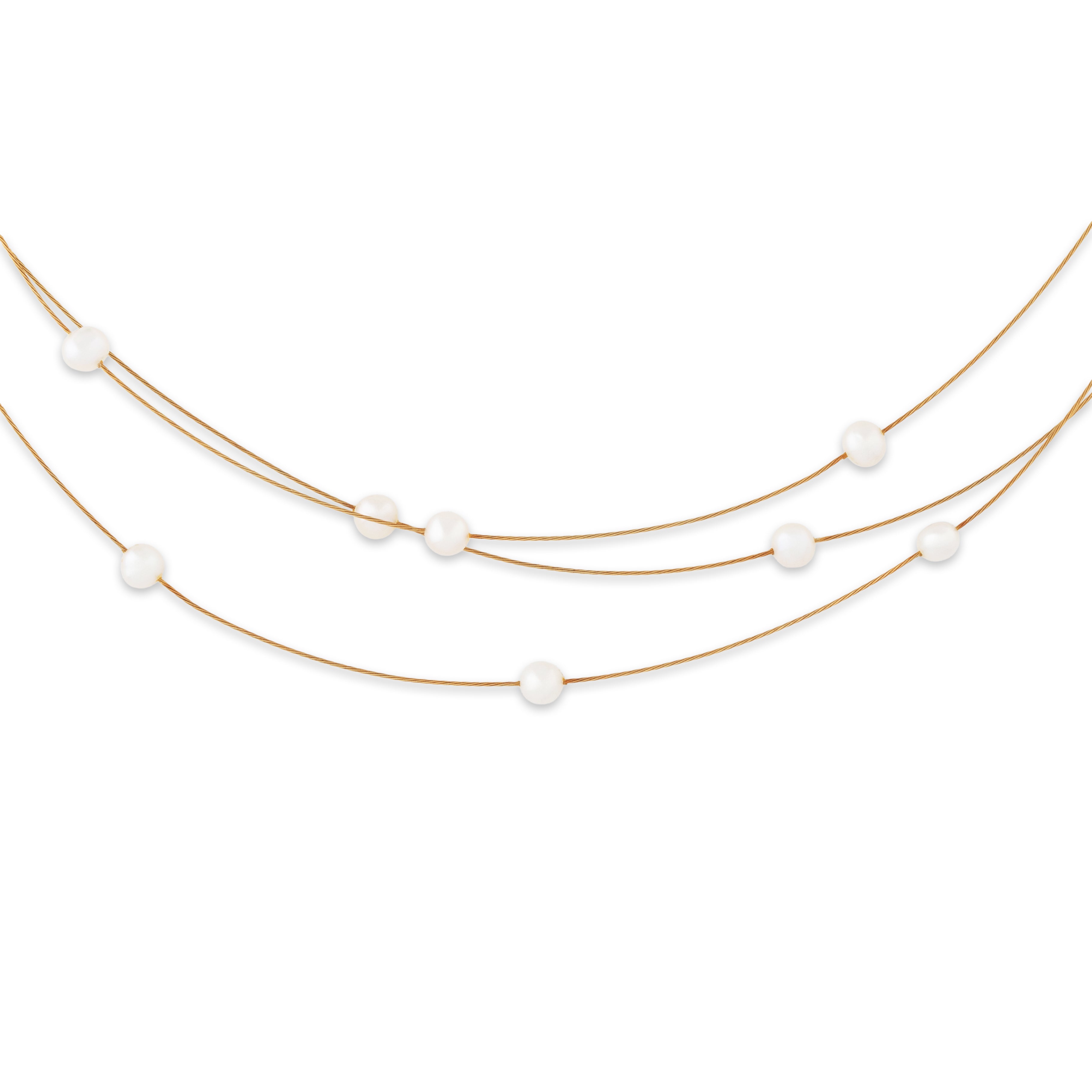 Estate 14k Yellow Gold Pearl 3-Strand Station Cable Necklace 16、mySite、hinf8tx79