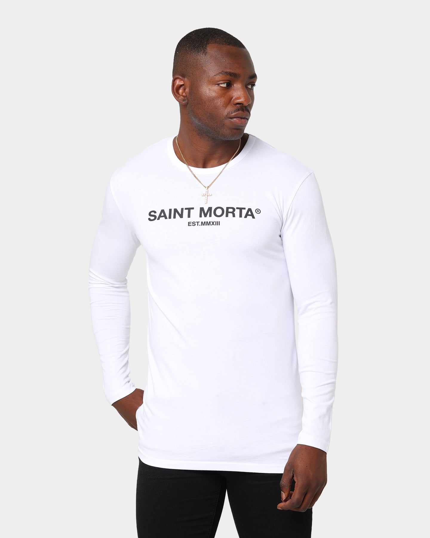 Saint Morta Homage Drop Tail Long Sleeve T-Shirt White/Black、mySite、zt4zffjzw