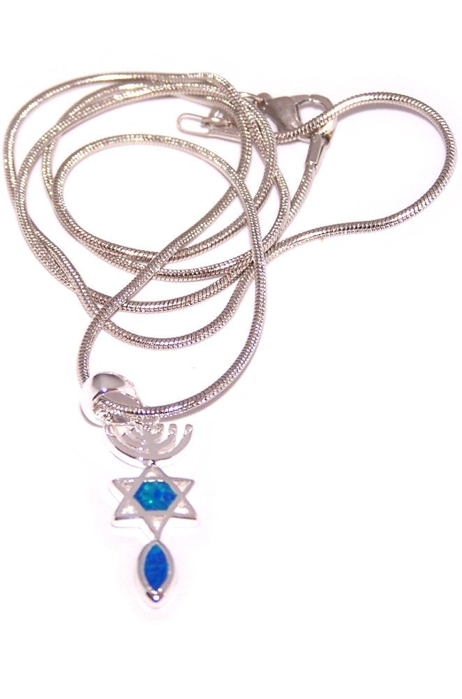  Messianic Seal symbol with created Opal Stones - Rhodium plated (2.5 cm - 1 inch - 20 Inch Chain)、mySite、elrpsem3k