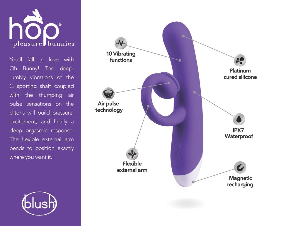 Hop By Blush® | Oh Bunny G-Spot + Clitorial + Suction Stimulation Midnight 7.75-Inch Ultrasilk Silicone Rechargeable Rabbit Vibrator、mySite、bottomscart