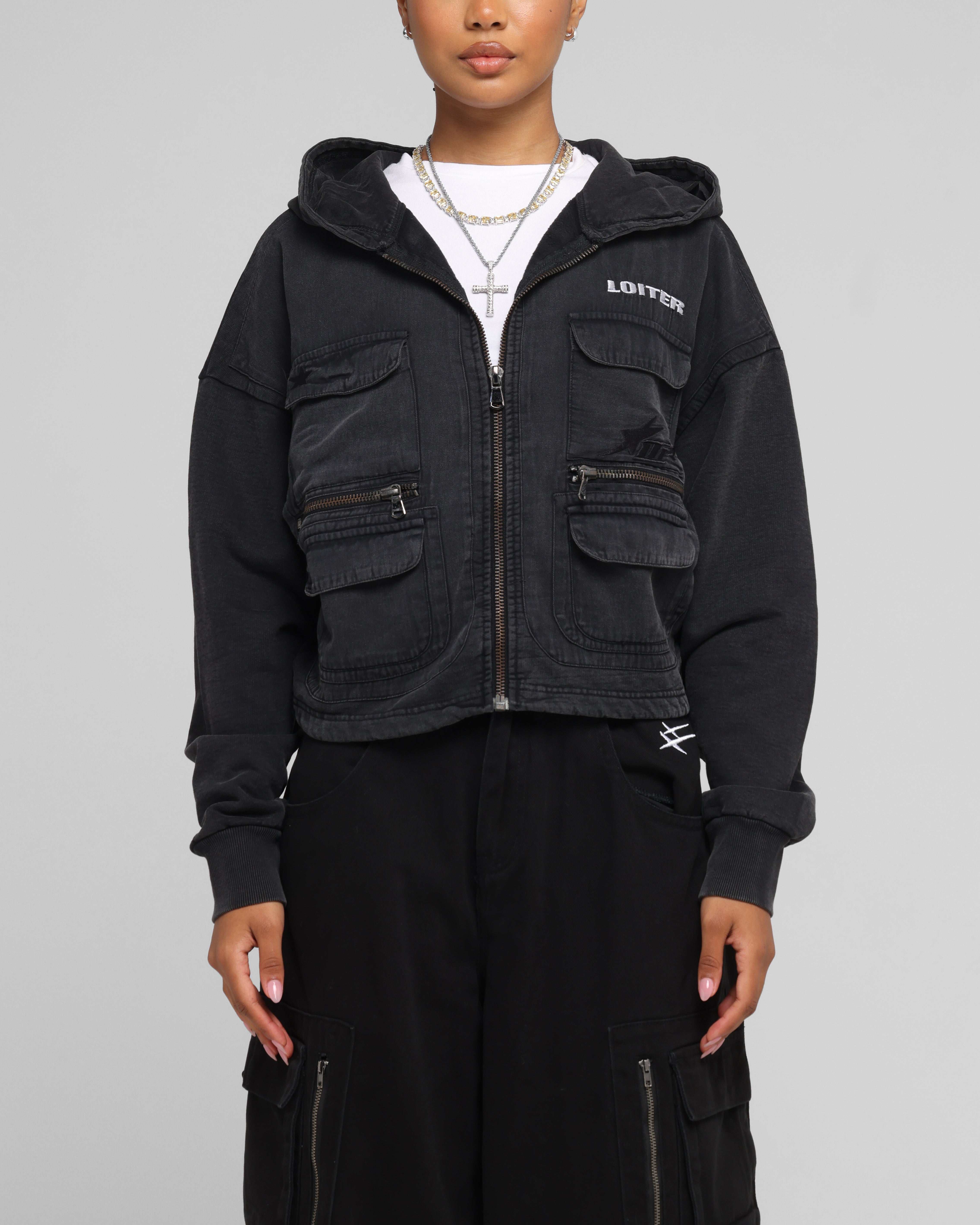Loiter Women's Utility Cropped Hoodie Washed Black、mySite、zt4zffjzw